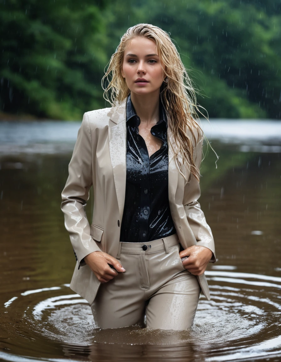 photo of young woman, in soaking wet, drenched clothes,
Beige Long Business Trouser, Beige Business Suit Jacket with Black button down business shirt longsleeve, Clear Mountain lake with heavy rain, 
enjoying, wet clothes stuck to body,
detailed textures of the wet clothes, wet face, wet plastered hair,
wet, drenched, professional, high-quality details, full body view.
sharp focus, ultra-high pixel detail, realistic, high-quality, full colors, incredibly detailed, 4k, 8k, 16k, hyper-realistic, RAW photo, masterpiece, ultra-detailed, professionally color graded, professional photograph, young elegant beautiful white Blonde women, breast deep submerged, under a big rainshower, fully clothed, completely soaked, fully drenched, completely wet, wetlook, heavy rain, side parting, long hair, rain storm, looks confidently into camera,, dry skin, dry clothes, dry fabric
