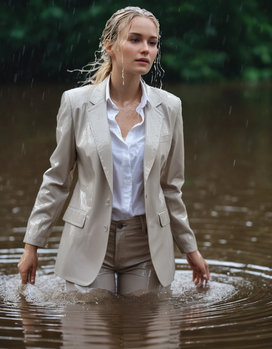 photo of young woman, in soaking wet, drenched clothes,
Beige Long Business Trouser, Beige Business Suit Jacket with white button down business shirt longsleeve, Clear Mountain lake with heavy rain, 
enjoying, wet clothes stuck to body,
detailed textures of the wet clothes, wet face, wet plastered hair,
wet, drenched, professional, high-quality details, full body view.
sharp focus, ultra-high pixel detail, realistic, high-quality, full colors, incredibly detailed, 4k, 8k, 16k, hyper-realistic, RAW photo, masterpiece, ultra-detailed, professionally color graded, professional photograph, young elegant beautiful white Blonde women, breast deep submerged, under a big rainshower, fully clothed, completely soaked, fully drenched, completely wet, wetlook, heavy rain, side parting, long hair, rain storm, looks confidently into camera,, dry skin, dry clothes, dry fabric