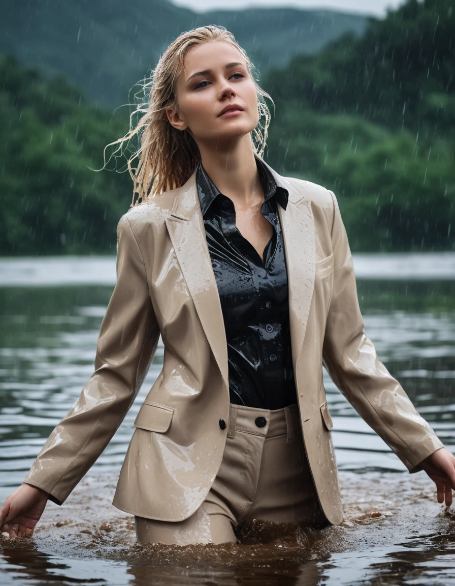 photo of young woman, in soaking wet, drenched clothes,
Beige Long Business Trouser, Beige Business Suit Jacket with Black button down business shirt longsleeve, Clear Mountain lake with heavy rain, 
enjoying, wet clothes stuck to body,
detailed textures of the wet clothes, wet face, wet plastered hair,
wet, drenched, professional, high-quality details, full body view.
sharp focus, ultra-high pixel detail, realistic, high-quality, full colors, incredibly detailed, 4k, 8k, 16k, hyper-realistic, RAW photo, masterpiece, ultra-detailed, professionally color graded, professional photograph, young elegant beautiful white Blonde women, breast deep submerged, under a big rainshower, fully clothed, completely soaked, fully drenched, completely wet, wetlook, heavy rain, side parting, long hair, rain storm, looks confidently into camera,, dry skin, dry clothes, dry fabric