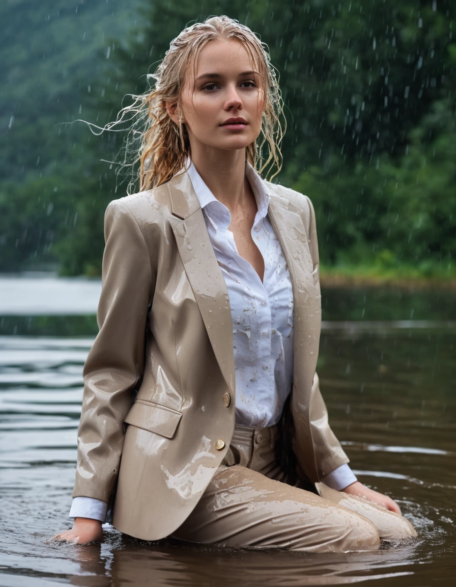 photo of young woman, in soaking wet, drenched clothes,
Beige Long Business Trouser, Beige Business Suit Jacket with white button down business shirt longsleeve, Clear Mountain lake with heavy rain, 
enjoying, wet clothes stuck to body,
detailed textures of the wet clothes, wet face, wet plastered hair,
wet, drenched, professional, high-quality details, full body view.
sharp focus, ultra-high pixel detail, realistic, high-quality, full colors, incredibly detailed, 4k, 8k, 16k, hyper-realistic, RAW photo, masterpiece, ultra-detailed, professionally color graded, professional photograph, young elegant beautiful white Blonde women, breast deep submerged, under a big rainshower, fully clothed, completely soaked, fully drenched, completely wet, wetlook, heavy rain, side parting, long hair, rain storm, looks confidently into camera,, dry skin, dry clothes, dry fabric