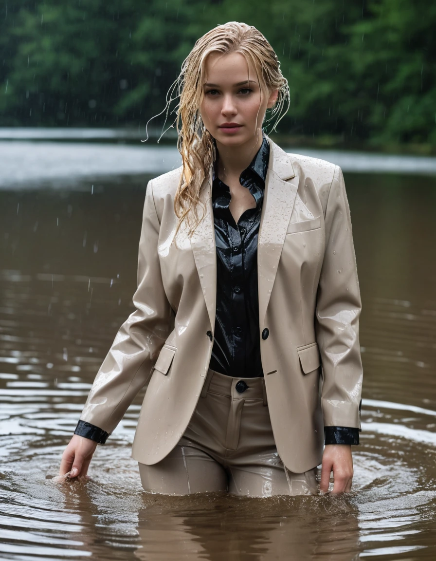 photo of young woman, in soaking wet, drenched clothes,
Beige Long Business Trouser, Beige Business Suit Jacket with Black button down business shirt longsleeve, Clear Mountain lake with heavy rain, 
enjoying, wet clothes stuck to body,
detailed textures of the wet clothes, wet face, wet plastered hair,
wet, drenched, professional, high-quality details, full body view.
sharp focus, ultra-high pixel detail, realistic, high-quality, full colors, incredibly detailed, 4k, 8k, 16k, hyper-realistic, RAW photo, masterpiece, ultra-detailed, professionally color graded, professional photograph, young elegant beautiful white Blonde women, breast deep submerged, under a big rainshower, fully clothed, completely soaked, fully drenched, completely wet, wetlook, heavy rain, side parting, long hair, rain storm, looks confidently into camera,, dry skin, dry clothes, dry fabric
