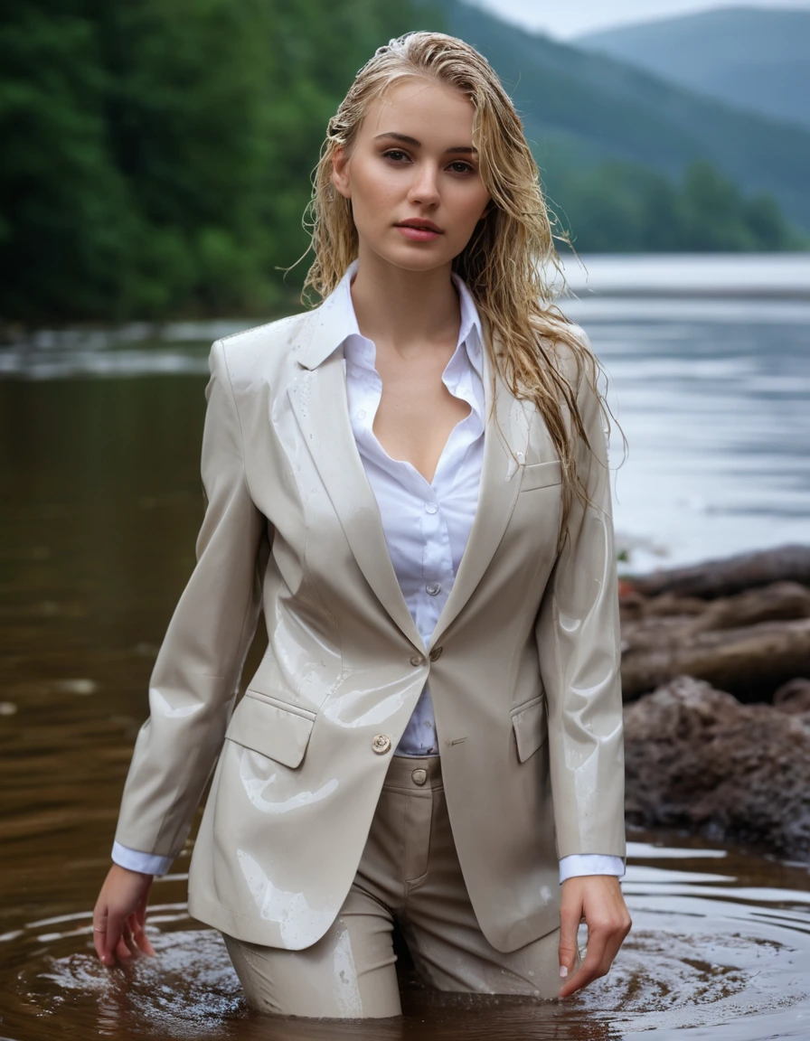 photo of young woman, in soaking wet, drenched clothes,
Beige Long Business Trouser, Beige Business Suit Jacket with white button down business shirt longsleeve, Clear Mountain lake with heavy rain, 
enjoying, wet clothes stuck to body,
detailed textures of the wet clothes, wet face, wet plastered hair,
wet, drenched, professional, high-quality details, full body view.
sharp focus, ultra-high pixel detail, realistic, high-quality, full colors, incredibly detailed, 4k, 8k, 16k, hyper-realistic, RAW photo, masterpiece, ultra-detailed, professionally color graded, professional photograph, young elegant beautiful white Blonde women, breast deep submerged, under a big rainshower, fully clothed, completely soaked, fully drenched, completely wet, wetlook, heavy rain, side parting, long hair, rain storm, looks confidently into camera,, dry skin, dry clothes, dry fabric