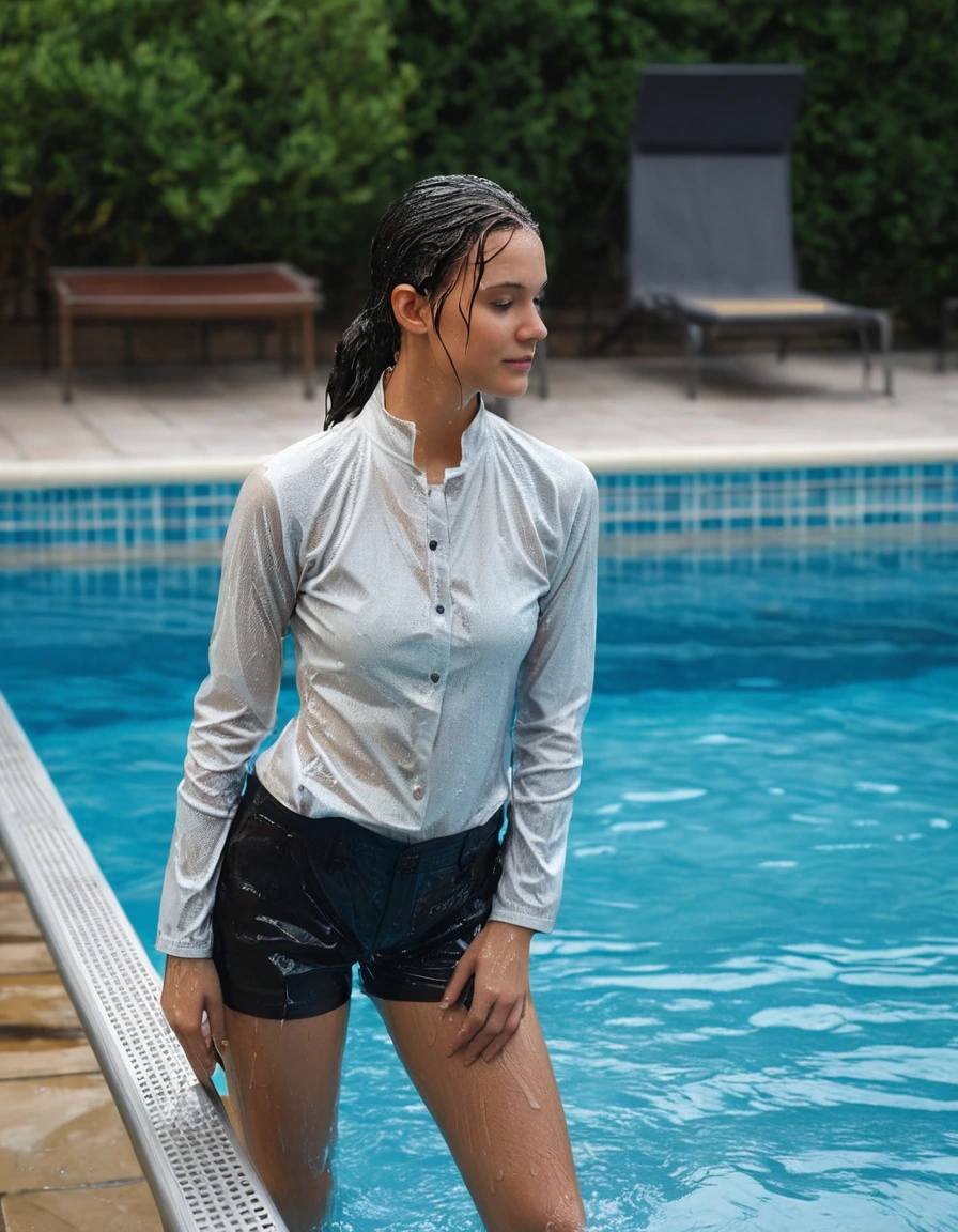 photo of young woman, in soaking wet, drenched clothes,
Dark flat shoes, Fitted white trousers, A long-sleeved dark brown or black top featuring a high neckline, vertical button placket down the front, and patterned or ribbed detailing along the outer sleeves., indoor pool, 
enjoying, wet clothes stuck to body,
detailed textures of the wet clothes, wet face, wet plastered hair,
wet, drenched, professional, high-quality details, full body view.
sharp focus, ultra-high pixel detail, realistic, high-quality, full colors, incredibly detailed, 4k, 8k, 16k, hyper-realistic, RAW photo, masterpiece, ultra-detailed, professionally color graded, professional photograph, brunette, 25 years, braless, standing in the water at the pool ladder, climb up, close up camera, dry skin, dry clothes, dry fabric