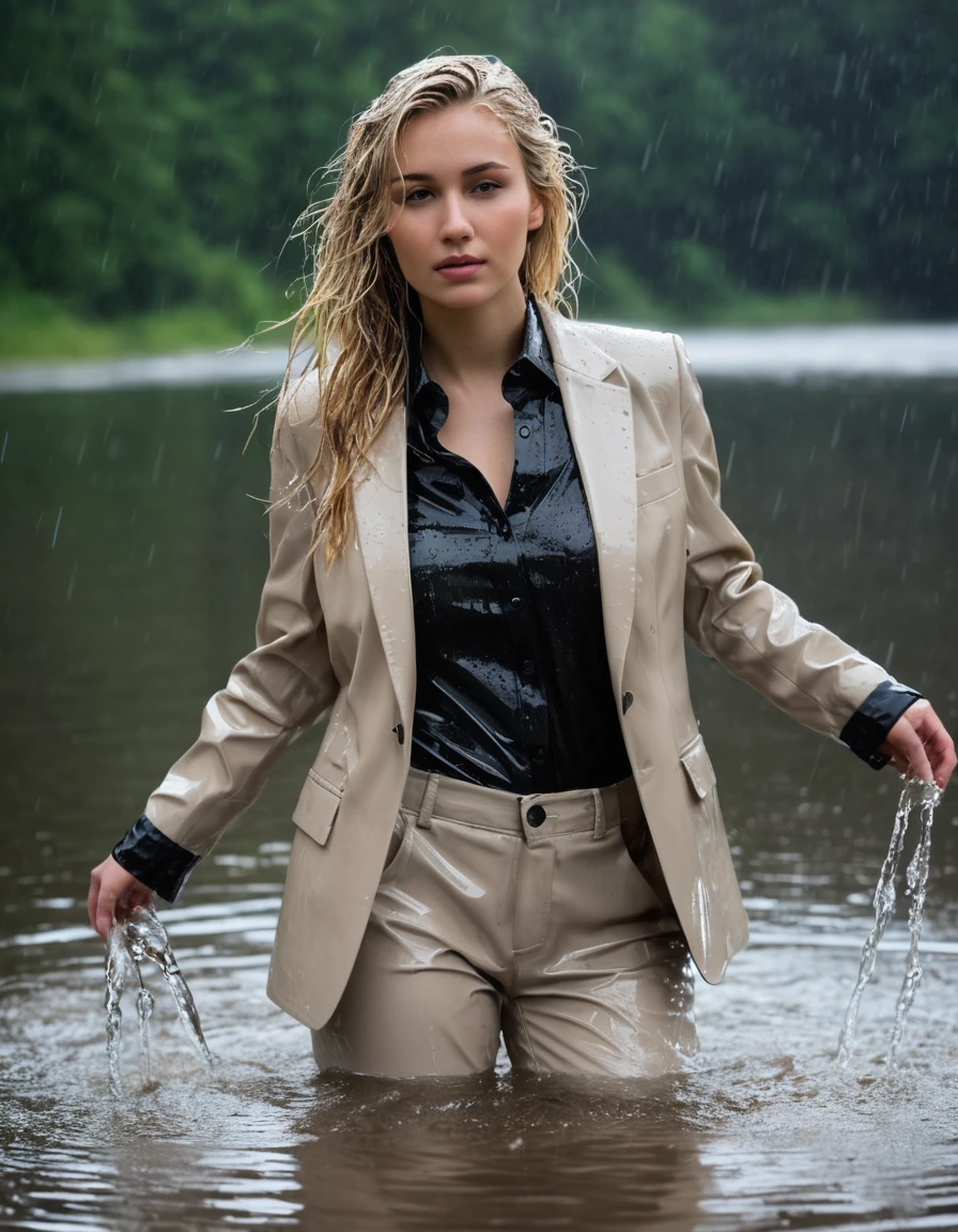 photo of young woman, in soaking wet, drenched clothes,
Beige Long Business Trouser, Beige Business Suit Jacket with Black button down business shirt longsleeve, Clear Mountain lake with heavy rain, 
enjoying, wet clothes stuck to body,
detailed textures of the wet clothes, wet face, wet plastered hair,
wet, drenched, professional, high-quality details, full body view.
sharp focus, ultra-high pixel detail, realistic, high-quality, full colors, incredibly detailed, 4k, 8k, 16k, hyper-realistic, RAW photo, masterpiece, ultra-detailed, professionally color graded, professional photograph, young elegant beautiful white Blonde women, breast deep submerged, under a big rainshower, fully clothed, completely soaked, fully drenched, completely wet, wetlook, heavy rain, side parting, long hair, rain storm, looks confidently into camera,, dry skin, dry clothes, dry fabric
