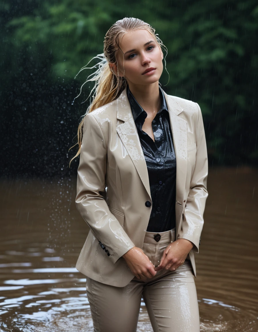 photo of young woman, in soaking wet, drenched clothes,
Beige Long Business Trouser, Beige Business Suit Jacket with Black button down business shirt longsleeve, Clear Mountain lake with heavy rain, 
enjoying, wet clothes stuck to body,
detailed textures of the wet clothes, wet face, wet plastered hair,
wet, drenched, professional, high-quality details, full body view.
sharp focus, ultra-high pixel detail, realistic, high-quality, full colors, incredibly detailed, 4k, 8k, 16k, hyper-realistic, RAW photo, masterpiece, ultra-detailed, professionally color graded, professional photograph, young elegant beautiful white Blonde women, breast deep submerged, under a big rainshower, fully clothed, completely soaked, fully drenched, completely wet, wetlook, heavy rain, side parting, long hair, rain storm, looks confidently into camera,, dry skin, dry clothes, dry fabric