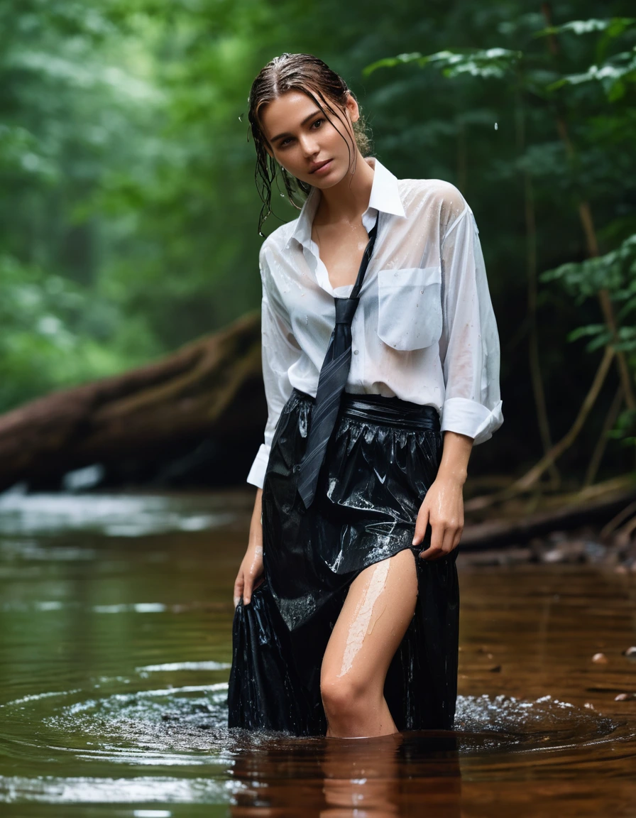 photo of young woman, in soaking wet, drenched clothes,
Black heels, Black maxi skirt , Baggy sheer white shirt, tie , Forest, 
enjoying, wet clothes stuck to body,
detailed textures of the wet clothes, wet face, wet plastered hair,
wet, drenched, professional, high-quality details, full body view.
sharp focus, ultra-high pixel detail, realistic, high-quality, full colors, incredibly detailed, 4k, 8k, 16k, hyper-realistic, RAW photo, masterpiece, ultra-detailed, professionally color graded, professional photograph, Conservative girl, buttoned up, shy, soaked to the skin, dry skin, dry clothes, dry fabric