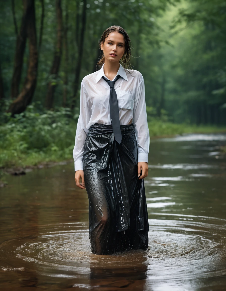 photo of young woman, in soaking wet, drenched clothes,
Black heels, Black maxi skirt , Baggy sheer white shirt, tie , Forest, 
enjoying, wet clothes stuck to body,
detailed textures of the wet clothes, wet face, wet plastered hair,
wet, drenched, professional, high-quality details, full body view.
sharp focus, ultra-high pixel detail, realistic, high-quality, full colors, incredibly detailed, 4k, 8k, 16k, hyper-realistic, RAW photo, masterpiece, ultra-detailed, professionally color graded, professional photograph, dry skin, dry clothes, dry fabric