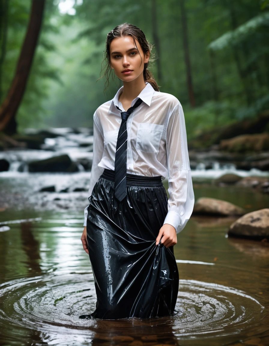 photo of young woman, in soaking wet, drenched clothes,
Black heels, Black maxi skirt , Baggy sheer white shirt, tie , Forest, 
enjoying, wet clothes stuck to body,
detailed textures of the wet clothes, wet face, wet plastered hair,
wet, drenched, professional, high-quality details, full body view.
sharp focus, ultra-high pixel detail, realistic, high-quality, full colors, incredibly detailed, 4k, 8k, 16k, hyper-realistic, RAW photo, masterpiece, ultra-detailed, professionally color graded, professional photograph, dry skin, dry clothes, dry fabric