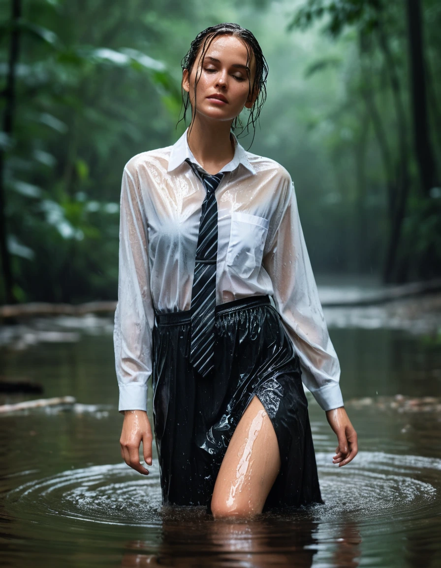 photo of young woman, in soaking wet, drenched clothes,
Black heels, Black maxi skirt , Baggy sheer white shirt, tie , Forest, 
enjoying, wet clothes stuck to body,
detailed textures of the wet clothes, wet face, wet plastered hair,
wet, drenched, professional, high-quality details, full body view.
sharp focus, ultra-high pixel detail, realistic, high-quality, full colors, incredibly detailed, 4k, 8k, 16k, hyper-realistic, RAW photo, masterpiece, ultra-detailed, professionally color graded, professional photograph, Heavy rain, soaked clothes, crying, sad, depressed, dry skin, dry clothes, dry fabric