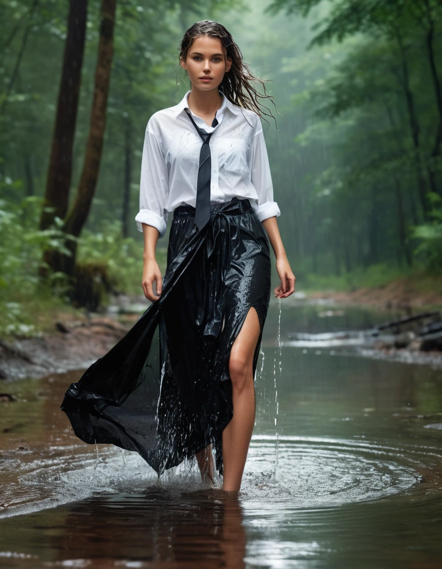 photo of young woman, in soaking wet, drenched clothes,
Black heels, Black maxi skirt , Baggy sheer white shirt, tie , Forest, 
enjoying, wet clothes stuck to body,
detailed textures of the wet clothes, wet face, wet plastered hair,
wet, drenched, professional, high-quality details, full body view.
sharp focus, ultra-high pixel detail, realistic, high-quality, full colors, incredibly detailed, 4k, 8k, 16k, hyper-realistic, RAW photo, masterpiece, ultra-detailed, professionally color graded, professional photograph, Heavy rain, soaked clothes, buttoned up, catholic, dry skin, dry clothes, dry fabric