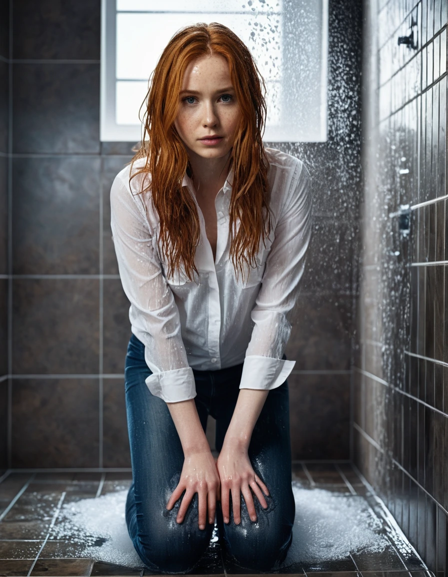 photo of young woman, in soaking wet, drenched clothes,
Tight low-rise jeans, Tight White open blouse, Kneeling in a shower, 
enjoying, wet clothes stuck to body,
detailed textures of the wet clothes, wet face, wet plastered hair,
wet, drenched, professional, high-quality details, full body view.
sharp focus, ultra-high pixel detail, realistic, high-quality, full colors, incredibly detailed, 4k, 8k, 16k, hyper-realistic, RAW photo, masterpiece, ultra-detailed, professionally color graded, professional photograph, Amy pond debauched, dry skin, dry clothes, dry fabric