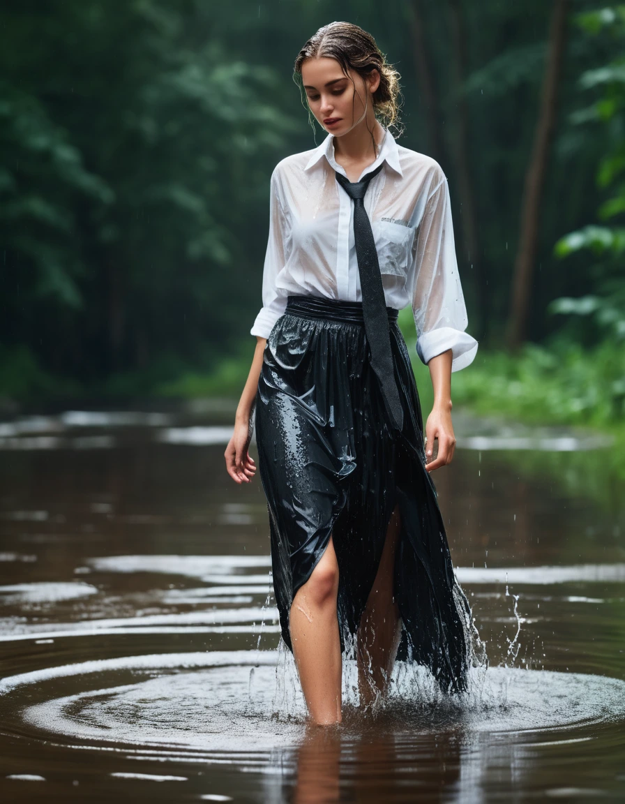 photo of young woman, in soaking wet, drenched clothes,
Black heels, Black maxi skirt , Baggy sheer white shirt, tie , Forest, 
enjoying, wet clothes stuck to body,
detailed textures of the wet clothes, wet face, wet plastered hair,
wet, drenched, professional, high-quality details, full body view.
sharp focus, ultra-high pixel detail, realistic, high-quality, full colors, incredibly detailed, 4k, 8k, 16k, hyper-realistic, RAW photo, masterpiece, ultra-detailed, professionally color graded, professional photograph, Heavy rain, soaked clothes, crying, sad, depressed, dry skin, dry clothes, dry fabric
