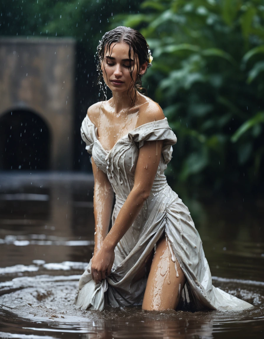 photo of young woman, in soaking wet, drenched clothes,
heels, old-fashioned wedding dress, old-fashioned wedding dress, sewer, 
enjoying, wet clothes stuck to body,
detailed textures of the wet clothes, wet face, wet plastered hair,
wet, drenched, professional, high-quality details, full body view.
sharp focus, ultra-high pixel detail, realistic, high-quality, full colors, incredibly detailed, 4k, 8k, 16k, hyper-realistic, RAW photo, masterpiece, ultra-detailed, professionally color graded, professional photograph, heavy rain, crying, weeping, ripped, torn, shred clothes, swimming in mud, wet skin, wet clothes, damp fabric