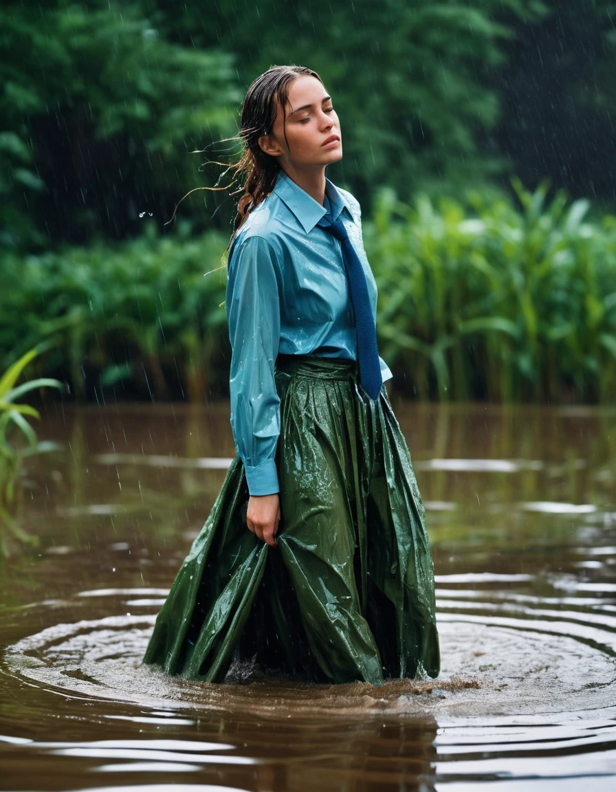 photo of young woman, in soaking wet, drenched clothes,
heels, green maxi skirt, blue long sleeved oversized shirt, tie, swamp, 
enjoying, wet clothes stuck to body,
detailed textures of the wet clothes, wet face, wet plastered hair,
wet, drenched, professional, high-quality details, full body view.
sharp focus, ultra-high pixel detail, realistic, high-quality, full colors, incredibly detailed, 4k, 8k, 16k, hyper-realistic, RAW photo, masterpiece, ultra-detailed, professionally color graded, professional photograph, heavy rain, crying, weeping, ripped, torn, shred clothes, wet skin, wet clothes, damp fabric