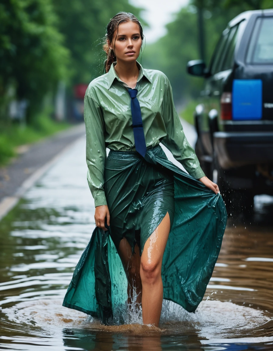 photo of young woman, in soaking wet, drenched clothes,
heels, green maxi skirt, blue long sleeved oversized shirt, tie, sewer, 
enjoying, wet clothes stuck to body,
detailed textures of the wet clothes, wet face, wet plastered hair,
wet, drenched, professional, high-quality details, full body view.
sharp focus, ultra-high pixel detail, realistic, high-quality, full colors, incredibly detailed, 4k, 8k, 16k, hyper-realistic, RAW photo, masterpiece, ultra-detailed, professionally color graded, professional photograph, wet skin, wet clothes, damp fabric