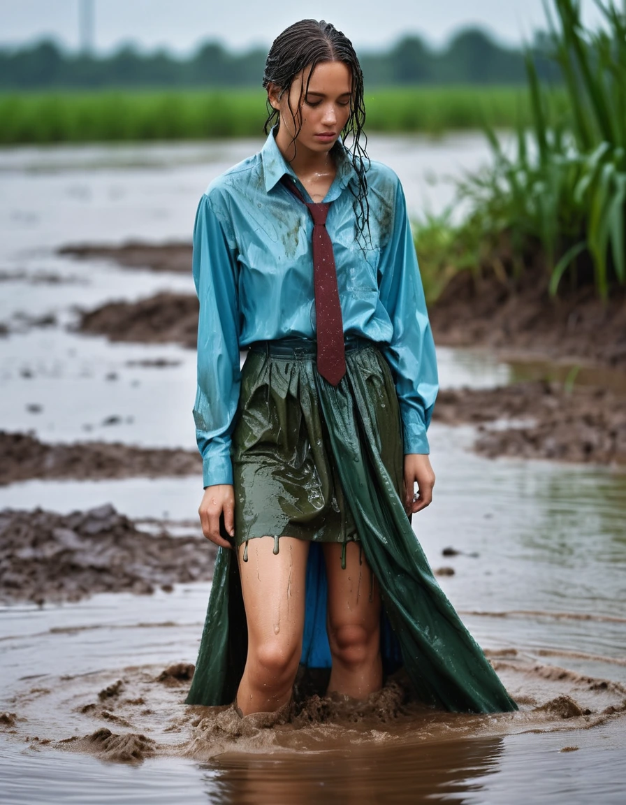 photo of young woman, in soaking wet, drenched clothes,
heels, green maxi skirt, blue long sleeved oversized shirt, tie, swamp, 
enjoying, wet clothes stuck to body,
detailed textures of the wet clothes, wet face, wet plastered hair,
wet, drenched, professional, high-quality details, full body view.
sharp focus, ultra-high pixel detail, realistic, high-quality, full colors, incredibly detailed, 4k, 8k, 16k, hyper-realistic, RAW photo, masterpiece, ultra-detailed, professionally color graded, professional photograph, heavy rain, crying, weeping, ripped, torn, shred clothes, swimming in mud, wet skin, wet clothes, damp fabric