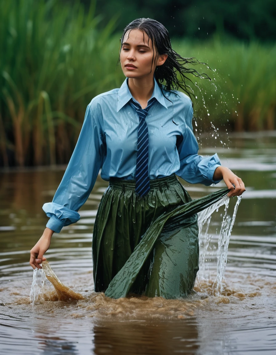 photo of young woman, in soaking wet, drenched clothes,
heels, green maxi skirt, blue long sleeved oversized shirt, tie, swamp, 
enjoying, wet clothes stuck to body,
detailed textures of the wet clothes, wet face, wet plastered hair,
wet, drenched, professional, high-quality details, full body view.
sharp focus, ultra-high pixel detail, realistic, high-quality, full colors, incredibly detailed, 4k, 8k, 16k, hyper-realistic, RAW photo, masterpiece, ultra-detailed, professionally color graded, professional photograph, heavy ryin, crying, wet skin, wet clothes, damp fabric