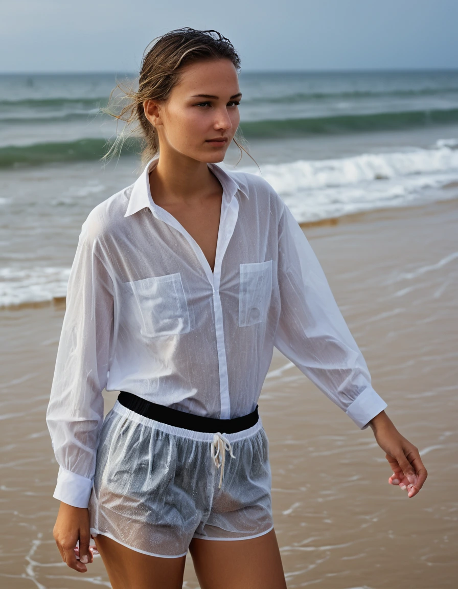 photo of young woman, in soaking wet, drenched clothes,
(black semi-sheer pantyhose underneath:1.4), (plain white fabric shorts worn over the pantyhose:1.7),, (plain fitted white shirt:1.5), on the beach, 
enjoying, wet clothes stuck to body,
detailed textures of the wet clothes, wet face, wet plastered hair,
wet, drenched, professional, high-quality details, full body view.
sharp focus, ultra-high pixel detail, realistic, high-quality, full colors, incredibly detailed, 4k, 8k, 16k, hyper-realistic, RAW photo, masterpiece, ultra-detailed, professionally color graded, professional photograph, Full body view, standing naturally, realistic fashion photography, natural daylight, high detail, 35mm lens., wet skin, wet clothes, damp fabric
