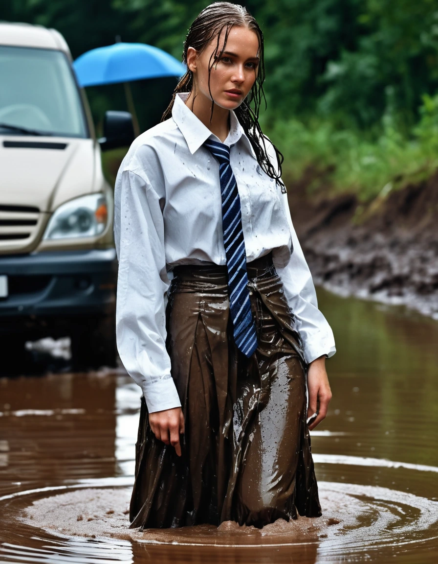 photo of young woman, in soaking wet, drenched clothes,
heels, maxi skirt, white muddy long sleeved oversized shirt, tie, sewer, 
enjoying, wet clothes stuck to body,
detailed textures of the wet clothes, wet face, wet plastered hair,
wet, drenched, professional, high-quality details, full body view.
sharp focus, ultra-high pixel detail, realistic, high-quality, full colors, incredibly detailed, 4k, 8k, 16k, hyper-realistic, RAW photo, masterpiece, ultra-detailed, professionally color graded, professional photograph, heavy rain, crying, weeping, ripped, torn, shred clothes, swimming in mud, wet skin, wet clothes, damp fabric