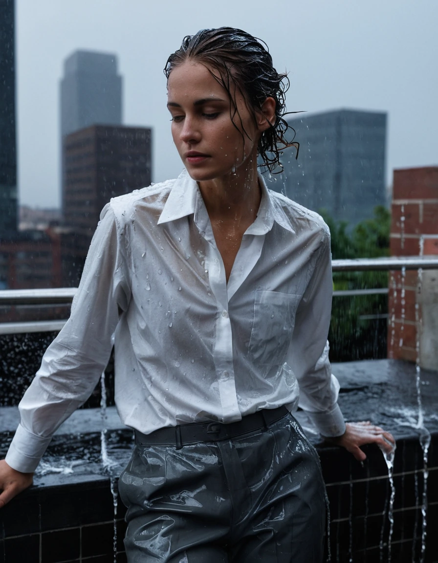photo of young woman, in soaking wet, drenched clothes,
black leather loafers with droplets, charcoal grey tailored trousers, heavy fabric cling, white button-down shirt, fully saturated, translucent fabric, office building entrance, rooftop terrace, evening, 
enjoying, wet clothes stuck to body,
detailed textures of the wet clothes, wet face, wet plastered hair,
wet, drenched, professional, high-quality details, full body view.
sharp focus, ultra-high pixel detail, realistic, high-quality, full colors, incredibly detailed, 4k, 8k, 16k, hyper-realistic, RAW photo, masterpiece, ultra-detailed, professionally color graded, professional photograph, standing beneath a broken sprinkler, heavy water spray, realistic street photography, sharp focus, cinematic lighting, glistening skin, dripping hair, dry skin, dry clothes, dry fabric