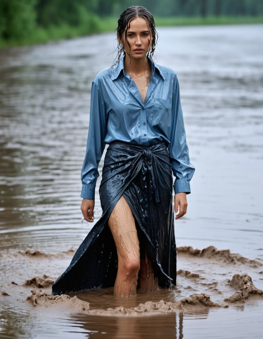 photo of young woman, in soaking wet, drenched clothes,
heels, maxi skirt, blue long sleeved oversized shirt, tie, swamp, 
enjoying, wet clothes stuck to body,
detailed textures of the wet clothes, wet face, wet plastered hair,
wet, drenched, professional, high-quality details, full body view.
sharp focus, ultra-high pixel detail, realistic, high-quality, full colors, incredibly detailed, 4k, 8k, 16k, hyper-realistic, RAW photo, masterpiece, ultra-detailed, professionally color graded, professional photograph, heavy rain, crying, wet skin, wet clothes, swimming in mud, wet skin, wet clothes, damp fabric