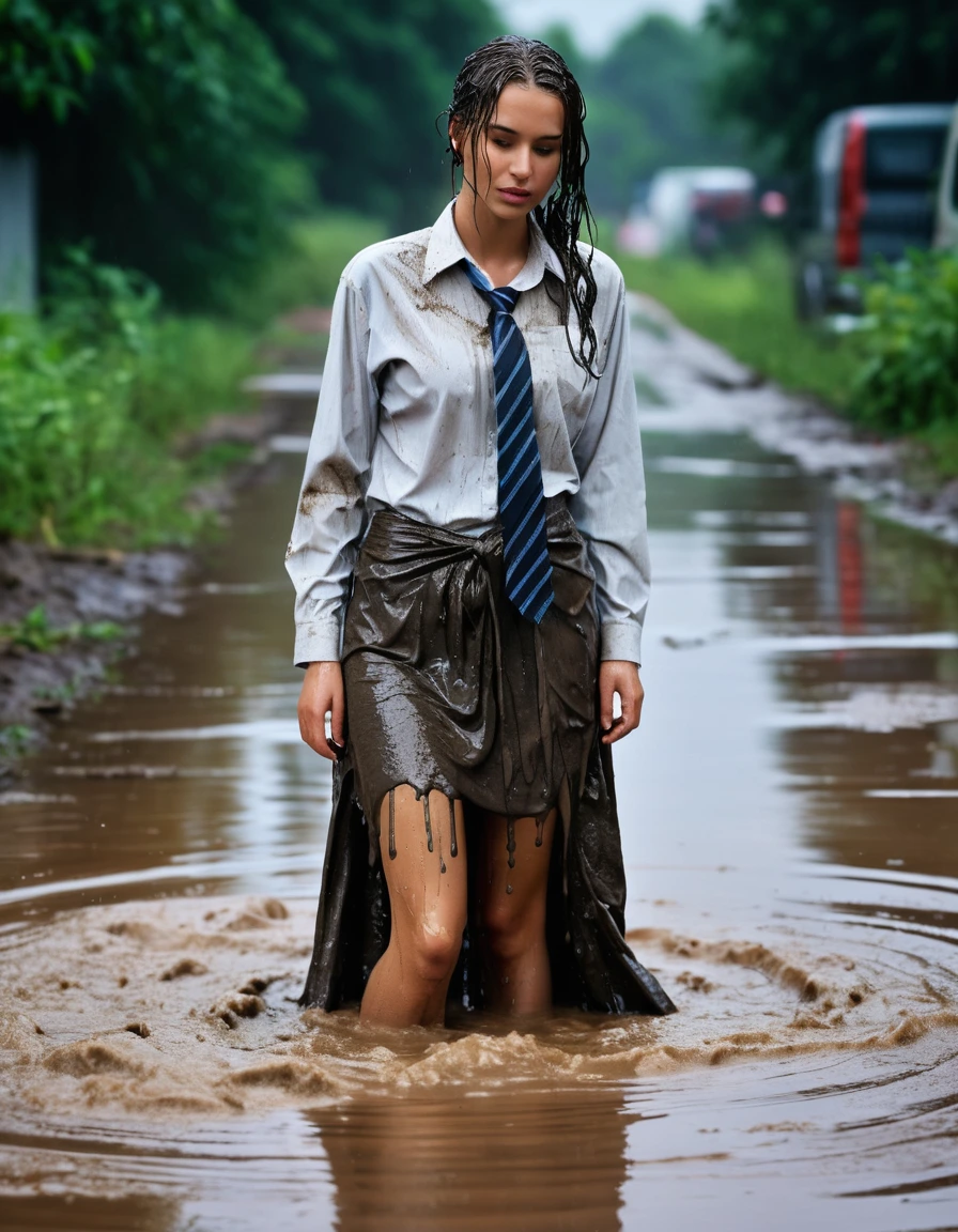photo of young woman, in soaking wet, drenched clothes,
heels, maxi skirt, muddy long sleeved oversized shirt, tie, sewer, 
enjoying, wet clothes stuck to body,
detailed textures of the wet clothes, wet face, wet plastered hair,
wet, drenched, professional, high-quality details, full body view.
sharp focus, ultra-high pixel detail, realistic, high-quality, full colors, incredibly detailed, 4k, 8k, 16k, hyper-realistic, RAW photo, masterpiece, ultra-detailed, professionally color graded, professional photograph, heavy rain, crying, weeping, ripped, torn, shred clothes, swimming in mud, wet skin, wet clothes, damp fabric