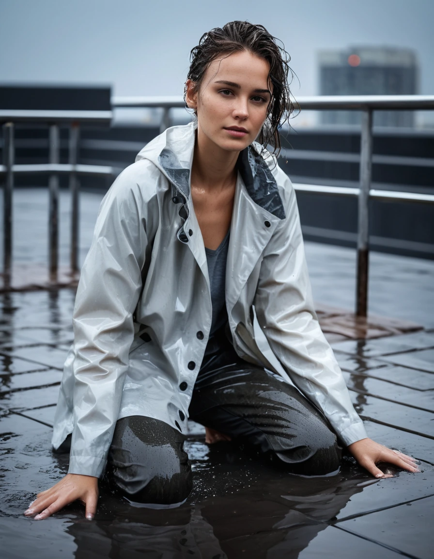 photo of young woman, in soaking wet, drenched clothes,
wet leather ankle boots, dark brown, clinging wet charcoal grey trousers, translucent wet white raincoat, buttoned, modern pool deck walkway, rooftop at evening, 
enjoying, wet clothes stuck to body,
detailed textures of the wet clothes, wet face, wet plastered hair,
wet, drenched, professional, high-quality details, full body view.
sharp focus, ultra-high pixel detail, realistic, high-quality, full colors, incredibly detailed, 4k, 8k, 16k, hyper-realistic, RAW photo, masterpiece, ultra-detailed, professionally color graded, professional photograph, heavy storm rainfall, fabric sticking to skin, dramatic reflections on wet surfaces, cinematic lighting, 8k resolution, highly detailed water droplets, dry skin, dry clothes, dry fabric