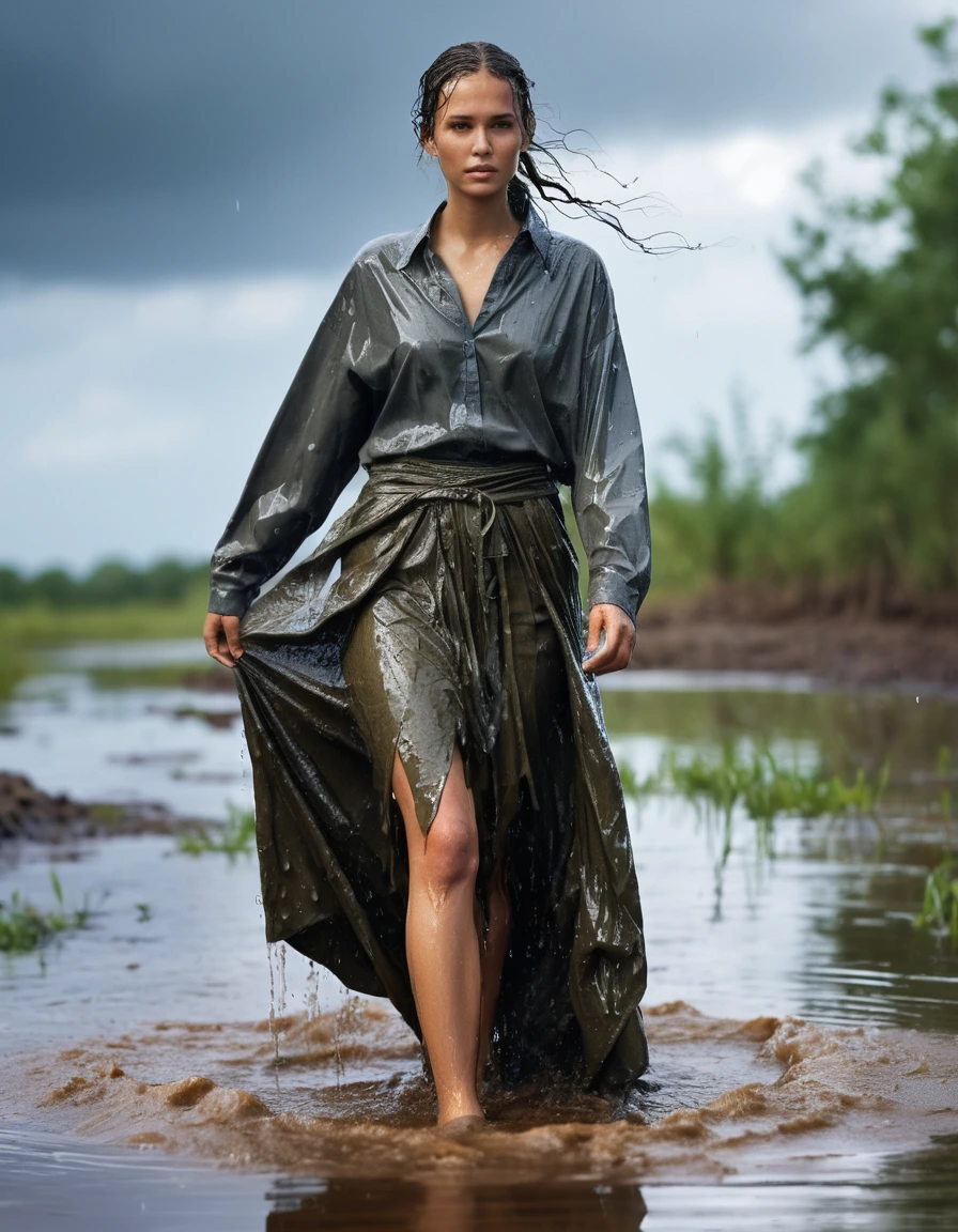 photo of young woman, in soaking wet, drenched clothes,
barefoot, oversized maxi skirt, oversized long sleeved shirt, swamp, 
enjoying, wet clothes stuck to body,
detailed textures of the wet clothes, wet face, wet plastered hair,
wet, drenched, professional, high-quality details, full body view.
sharp focus, ultra-high pixel detail, realistic, high-quality, full colors, incredibly detailed, 4k, 8k, 16k, hyper-realistic, RAW photo, masterpiece, ultra-detailed, professionally color graded, professional photograph, wet skin, wet clothes, damp fabric