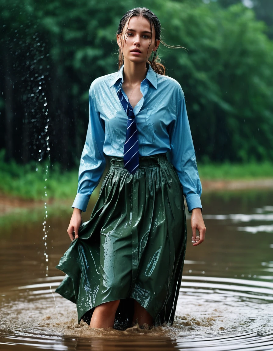 photo of young woman, in soaking wet, drenched clothes,
heels, green maxi skirt, blue long sleeved oversized shirt, tie, swamp, 
enjoying, wet clothes stuck to body,
detailed textures of the wet clothes, wet face, wet plastered hair,
wet, drenched, professional, high-quality details, full body view.
sharp focus, ultra-high pixel detail, realistic, high-quality, full colors, incredibly detailed, 4k, 8k, 16k, hyper-realistic, RAW photo, masterpiece, ultra-detailed, professionally color graded, professional photograph, heavy rain, crying, weeping, ripped, torn, shred clothes, wet skin, wet clothes, damp fabric