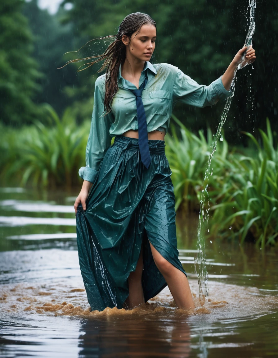 photo of young woman, in soaking wet, drenched clothes,
heels, green maxi skirt, blue long sleeved oversized shirt, tie, swamp, 
enjoying, wet clothes stuck to body,
detailed textures of the wet clothes, wet face, wet plastered hair,
wet, drenched, professional, high-quality details, full body view.
sharp focus, ultra-high pixel detail, realistic, high-quality, full colors, incredibly detailed, 4k, 8k, 16k, hyper-realistic, RAW photo, masterpiece, ultra-detailed, professionally color graded, professional photograph, heavy rain, crying, soaked to the skin, wet skin, wet clothes, damp fabric