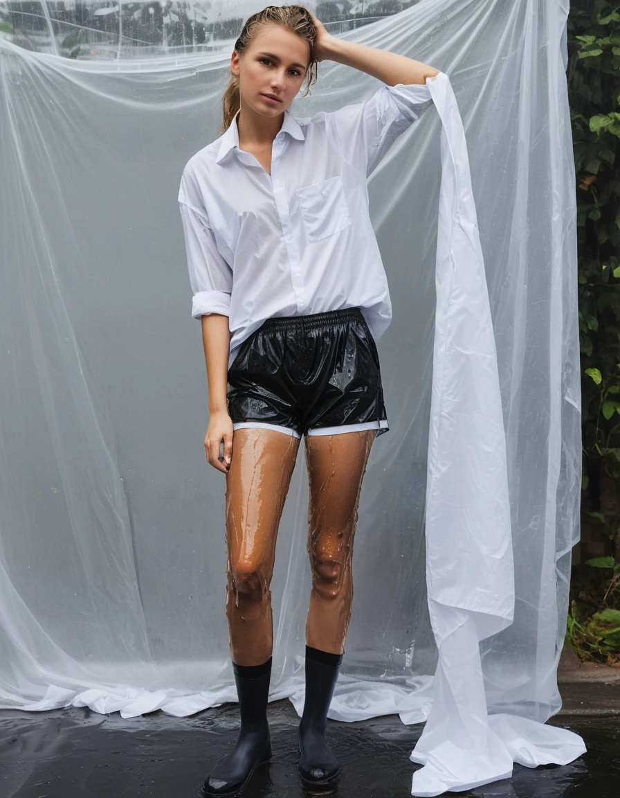 photo of young woman, in soaking wet, drenched clothes,
(black semi-sheer pantyhose underneath:1.4), (plain white fabric shorts worn over the pantyhose:1.7), (plain fitted white shirt:1.5), on the rain, 
enjoying, wet clothes stuck to body,
detailed textures of the wet clothes, wet face, wet plastered hair,
wet, drenched, professional, high-quality details, full body view.
sharp focus, ultra-high pixel detail, realistic, high-quality, full colors, incredibly detailed, 4k, 8k, 16k, hyper-realistic, RAW photo, masterpiece, ultra-detailed, professionally color graded, professional photograph, The white shorts are a separate outer garment with their own waistband, seams, and loose short legs. The black pantyhose continue underneath the shorts and are clearly visible on the legs below the shorts.

The white shirt is a separate upper garment with realistic cotton fabric texture.

All clothing layers are clearly separated and visible., dry skin, dry clothes, dry fabric
