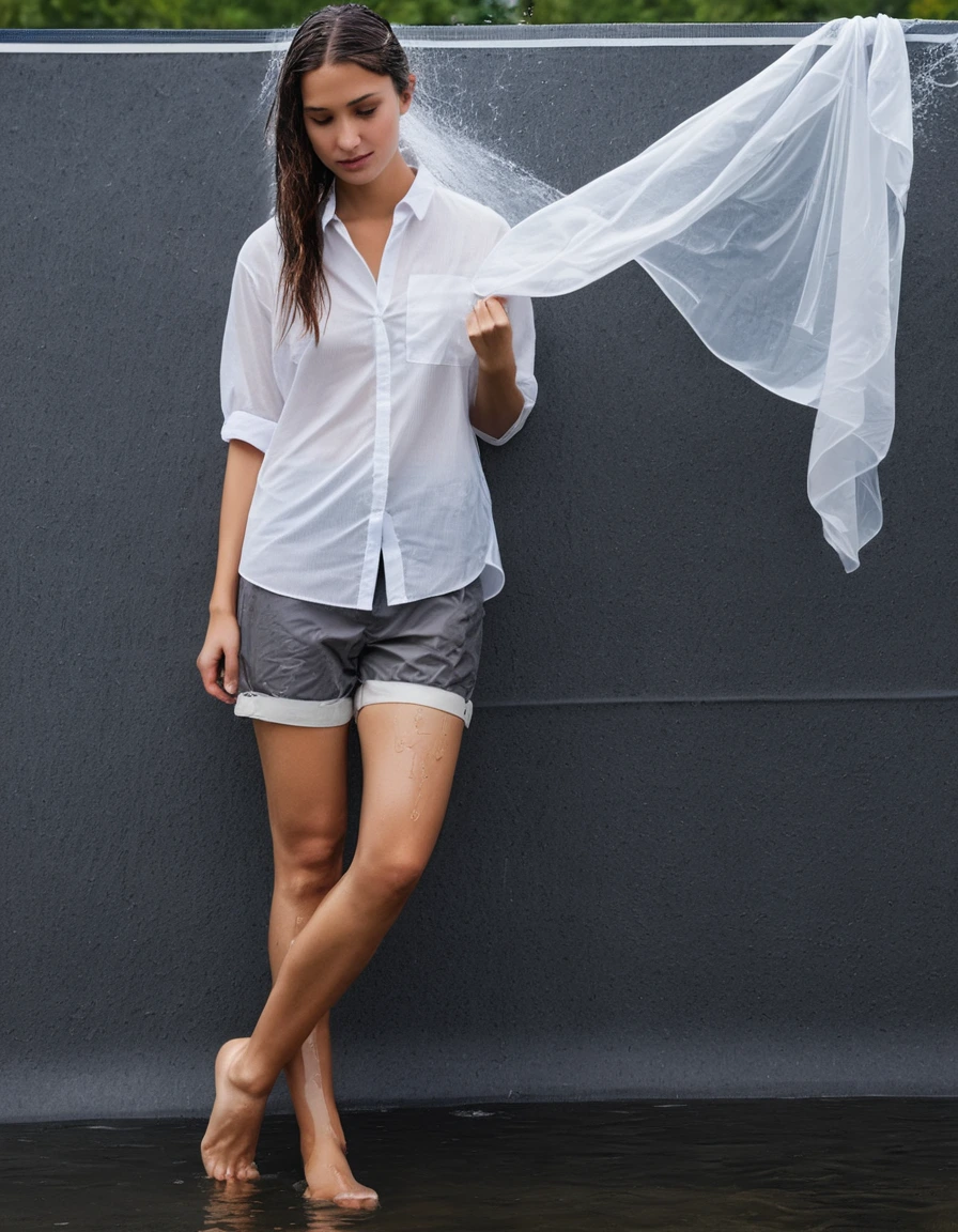 photo of young woman, in soaking wet, drenched clothes,
(black semi-sheer pantyhose underneath:1.4), (plain white fabric shorts worn over the pantyhose:1.7), (plain fitted white shirt:1.5), on the rain, 
enjoying, wet clothes stuck to body,
detailed textures of the wet clothes, wet face, wet plastered hair,
wet, drenched, professional, high-quality details, full body view.
sharp focus, ultra-high pixel detail, realistic, high-quality, full colors, incredibly detailed, 4k, 8k, 16k, hyper-realistic, RAW photo, masterpiece, ultra-detailed, professionally color graded, professional photograph, The white shorts are a separate outer garment with their own waistband, seams, and loose short legs. The black pantyhose continue underneath the shorts and are clearly visible on the legs below the shorts.

The white shirt is a separate upper garment with realistic cotton fabric texture.

All clothing layers are clearly separated and visible., dry skin, dry clothes, dry fabric, dry skin, dry clothes, dry fabric