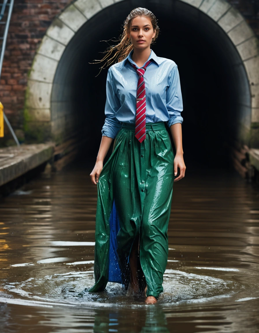 photo of young woman, in soaking wet, drenched clothes,
heels, green maxi skirt, blue long sleeved oversized shirt, tie, underground sewer, 
enjoying, wet clothes stuck to body,
detailed textures of the wet clothes, wet face, wet plastered hair,
wet, drenched, professional, high-quality details, full body view.
sharp focus, ultra-high pixel detail, realistic, high-quality, full colors, incredibly detailed, 4k, 8k, 16k, hyper-realistic, RAW photo, masterpiece, ultra-detailed, professionally color graded, professional photograph, wet skin, wet clothes, damp fabric