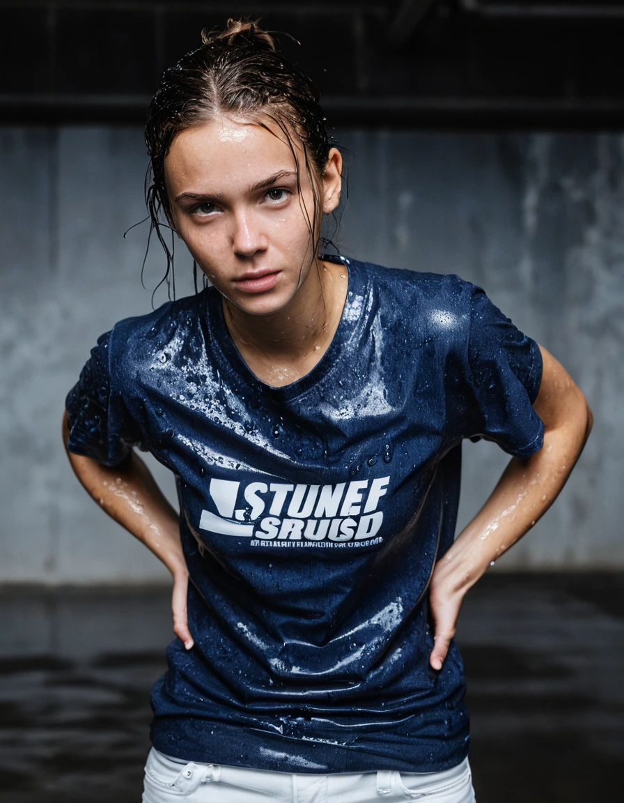 professional photo of young woman, in soaking wet, drenched clothes, wet clothes stuck to body, detailed textures of the wet clothes, wet face, wet plastered hair, wet, drenched, wet skin, damp fabric, extreme wetlook, fabric translucency, wearing a saturated white cotton t-shirt visibly drenched with wet folds and absorbed water, tight navy blue skinny jeans clinging to skin with darker wet denim and heavy fabric texture, white canvas sneakers soaked in grey puddles, standing in a concrete parking garage entrance at night, intense flash photography, high contrast glossy reflections, water droplets, cinematic lighting, full body view, detailed fabric texture, sharp focus, photorealistic, ultra-detailed fabric texture, realistic colors, RAW photo, professionally color graded