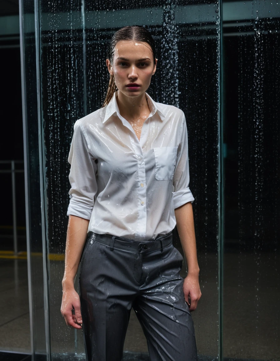professional photo of young woman, in soaking wet, drenched clothes, wet clothes stuck to body, detailed textures of the wet clothes, wet face, wet plastered hair, wet, drenched, wet skin, damp fabric, caught in a sudden downpour, standing at a modern glass and steel office building entrance at night, wearing a white button-down shirt, translucent and drenched, charcoal grey tailored trousers, heavy with water and clinging to skin, beige leather loafers, completely soaked, clothes heavily saturated, fabric cling, raindrops clinging to fabric, dramatic flash photography, glossy wet reflections, high contrast, cinematic lighting, full body view, detailed fabric texture, sharp focus, photorealistic, ultra-detailed fabric texture, realistic colors, RAW photo, professionally color graded