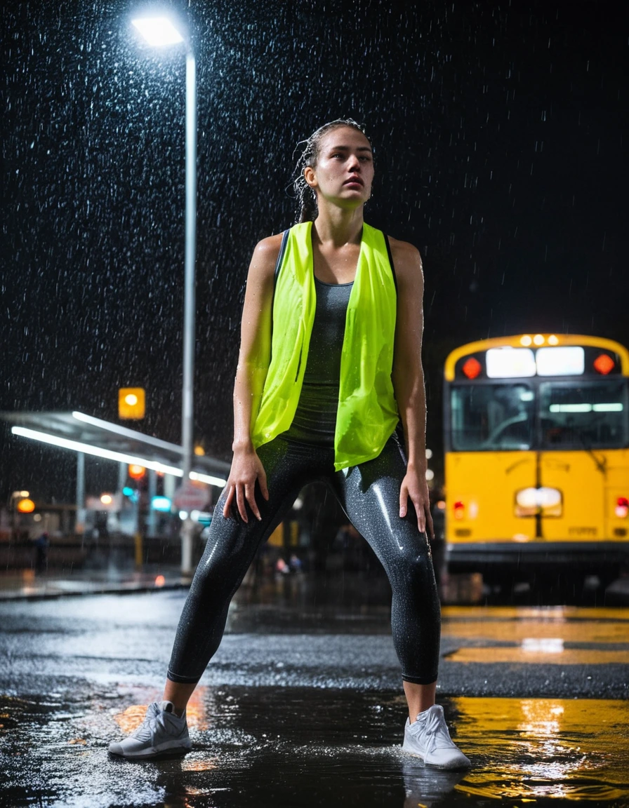 high-contrast paparazzi photography of young woman, in soaking wet, drenched clothes, wet clothes stuck to body, detailed textures of the wet clothes, wet face, wet plastered hair, wet, drenched, wet skin, damp fabric, wearing a sheer charcoal grey athletic racerback tank top dripping wet, tight neon green spandex leggings plastered to skin, white mesh sneakers soaking in puddles, translucent fabric clinging to silhouette, standing at a candid night street view at a rain-slicked city bus stop during heavy rainfall, harsh streetlamp glares, cinematic depth of field, glistening skin texture, full body view, sharp focus, photorealistic, ultra-detailed fabric texture, realistic colors, RAW photo, professionally color graded