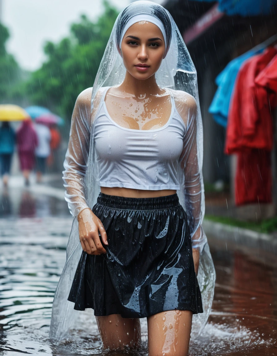 photo of young woman, in soaking wet, drenched clothes,
heels, skirt, t-shirt, rain, 
enjoying, wet clothes stuck to body,
detailed textures of the wet clothes, wet face, wet plastered hair,
wet, drenched, professional, high-quality details, full body view.
sharp focus, ultra-high pixel detail, realistic, high-quality, full colors, incredibly detailed, 4k, 8k, 16k, hyper-realistic, RAW photo, masterpiece, ultra-detailed, professionally color graded, professional photograph, hijab, muslima. seethrough tits, wet skin, wet clothes, damp fabric