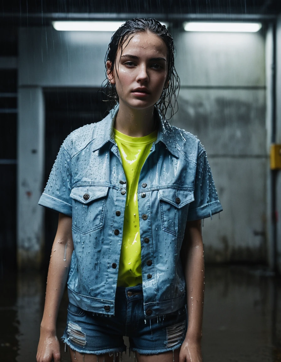 editorial fashion photography of young woman, in soaking wet, drenched clothes, wet clothes stuck to body, detailed textures of the wet clothes, wet face, wet plastered hair, wet, drenched, wet skin, damp fabric, hair plastered to face, fabric clinging to skin, glistening wet texture, wearing a neon yellow sheer rain-slicked cotton t-shirt with wet folds and absorbed water, distressed light blue denim shorts, heavy with rain, darker wet denim, heavy fabric texture, visible seams, white canvas sneakers, soaked with puddles, standing in a concrete parking garage entrance, dim lighting, rainy atmosphere, heavy rain droplets, high contrast, cinematic moody lighting, full body view, sharp focus, photorealistic, ultra-detailed fabric texture, realistic colors, RAW photo, professionally color graded