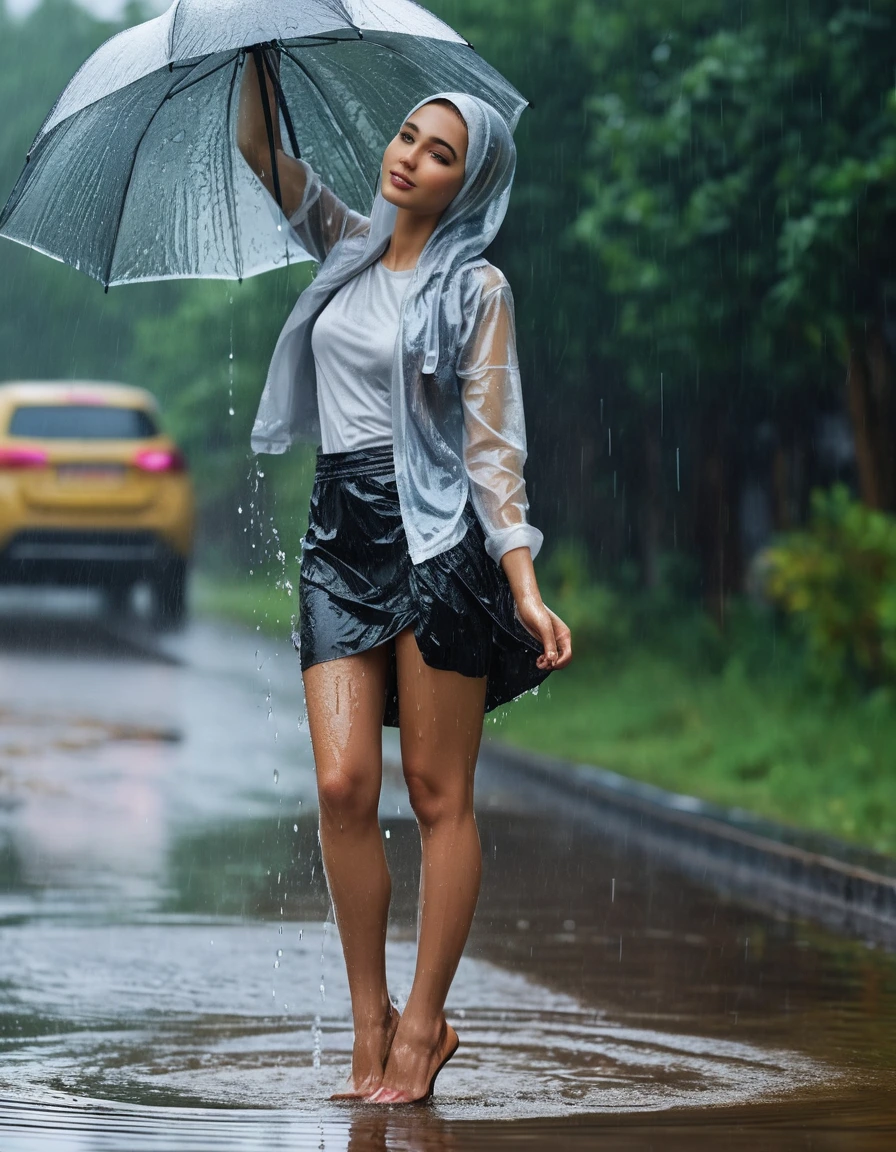 photo of young woman, in soaking wet, drenched clothes,
heels, skirt, t-shirt, rain, 
enjoying, wet clothes stuck to body,
detailed textures of the wet clothes, wet face, wet plastered hair,
wet, drenched, professional, high-quality details, full body view.
sharp focus, ultra-high pixel detail, realistic, high-quality, full colors, incredibly detailed, 4k, 8k, 16k, hyper-realistic, RAW photo, masterpiece, ultra-detailed, professionally color graded, professional photograph, hijab, muslima, wet skin, wet clothes, damp fabric