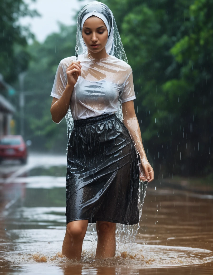 photo of young woman, in soaking wet, drenched clothes,
heels, skirt, t-shirt, rain, 
enjoying, wet clothes stuck to body,
detailed textures of the wet clothes, wet face, wet plastered hair,
wet, drenched, professional, high-quality details, full body view.
sharp focus, ultra-high pixel detail, realistic, high-quality, full colors, incredibly detailed, 4k, 8k, 16k, hyper-realistic, RAW photo, masterpiece, ultra-detailed, professionally color graded, professional photograph, hijab, muslima. seethrough tits, wet skin, wet clothes, damp fabric