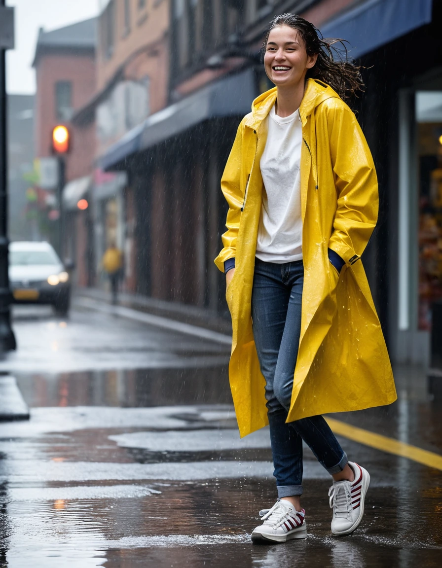 photo of young woman, in soaking wet, drenched clothes,
soaked white leather sneakers with visible water puddles, clinging dark blue denim jeans saturated by rain, transparent white cotton t-shirt drenched and clinging, bright yellow raincoat draped over one shoulder, suburban street sidewalk during heavy downpour, 
enjoying, wet clothes stuck to body,
detailed textures of the wet clothes, wet face, wet plastered hair,
wet, drenched, professional, high-quality details, full body view.
sharp focus, ultra-high pixel detail, realistic, high-quality, full colors, incredibly detailed, 4k, 8k, 16k, hyper-realistic, RAW photo, masterpiece, ultra-detailed, professionally color graded, professional photograph, woman laughing while struggling to shield a leaking paper shopping bag with her arm, intense wind-driven rain, glossy wet pavement reflections, harsh flash photography, high contrast, sharp fabric textures, full body side-profile shot., wet skin, wet clothes, damp fabric