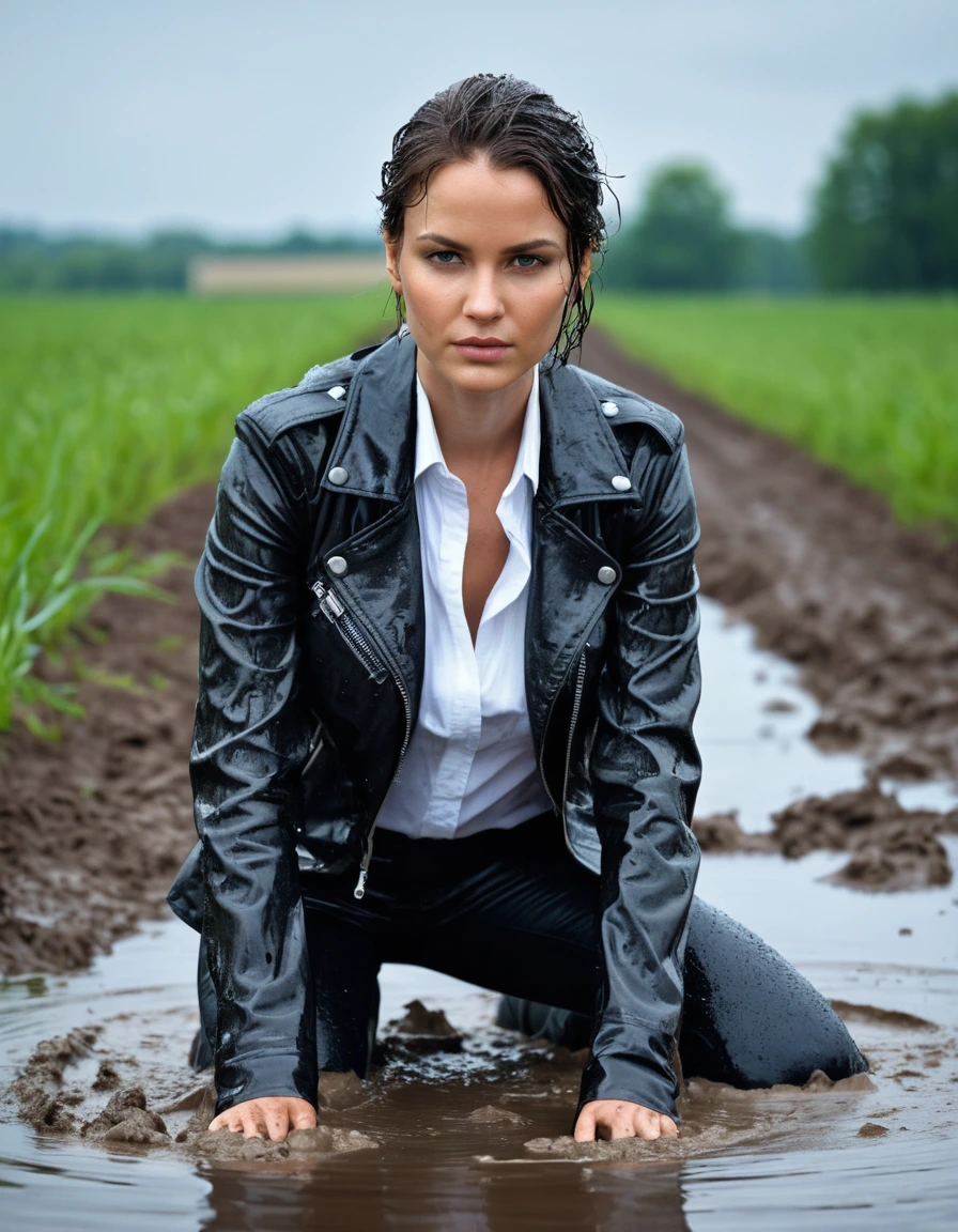 photo of young woman, in soaking wet, drenched clothes,
Black leather ankle boots, soaked and glistening , skin tight black leather jeans, saturated, water-drenched white latex shirt, black leather jacket, saturated, laying submerged in a mud pool in a field, covered in mud, heavy rain, drenched, close up, mud up to shoulders, 
enjoying, wet clothes stuck to body,
detailed textures of the wet clothes, wet face, wet plastered hair,
wet, drenched, professional, high-quality details, full body view.
sharp focus, ultra-high pixel detail, realistic, high-quality, full colors, incredibly detailed, 4k, 8k, 16k, hyper-realistic, RAW photo, masterpiece, ultra-detailed, professionally color graded, professional photograph, streaming raindrops, fabric transparency, high-contrast water cling, cinematic lighting, photorealistic, 8k, water dripping from hem, storm aftermath atmosphere, wet skin, wet clothes, damp fabric