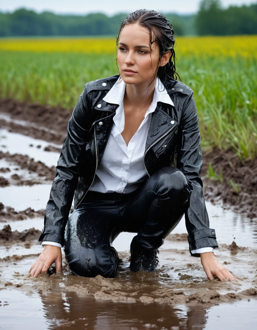 photo of young woman, in soaking wet, drenched clothes,
Black leather ankle boots, soaked and glistening , skin tight black leather jeans, saturated, water-drenched white latex shirt, black leather jacket, saturated, laying submerged in a mud pool in a field, covered in mud, heavy rain, drenched, close up, mud up to shoulders, 
enjoying, wet clothes stuck to body,
detailed textures of the wet clothes, wet face, wet plastered hair,
wet, drenched, professional, high-quality details, full body view.
sharp focus, ultra-high pixel detail, realistic, high-quality, full colors, incredibly detailed, 4k, 8k, 16k, hyper-realistic, RAW photo, masterpiece, ultra-detailed, professionally color graded, professional photograph, streaming raindrops, fabric transparency, high-contrast water cling, cinematic lighting, photorealistic, 8k, water dripping from hem, storm aftermath atmosphere, wet skin, wet clothes, damp fabric