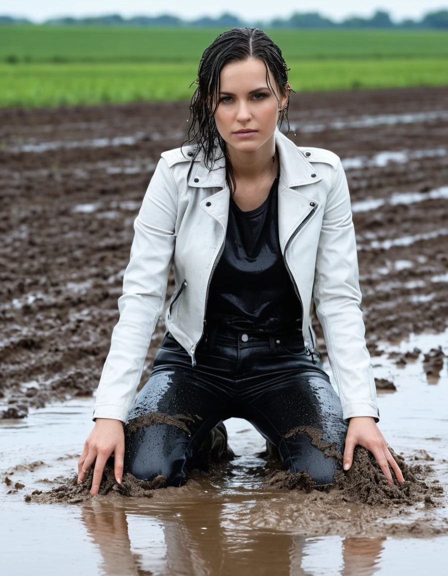 photo of young woman, in soaking wet, drenched clothes,
Black leather ankle boots, soaked and glistening , skin tight black leather jeans, saturated, water-drenched white latex shirt, black leather jacket, saturated, laying submerged in a mud pool in a field, covered in mud, heavy rain, drenched, close up, mud up to shoulders, 
enjoying, wet clothes stuck to body,
detailed textures of the wet clothes, wet face, wet plastered hair,
wet, drenched, professional, high-quality details, full body view.
sharp focus, ultra-high pixel detail, realistic, high-quality, full colors, incredibly detailed, 4k, 8k, 16k, hyper-realistic, RAW photo, masterpiece, ultra-detailed, professionally color graded, professional photograph, streaming raindrops, fabric transparency, high-contrast water cling, cinematic lighting, photorealistic, 8k, water dripping from hem, storm aftermath atmosphere, wet skin, wet clothes, damp fabric