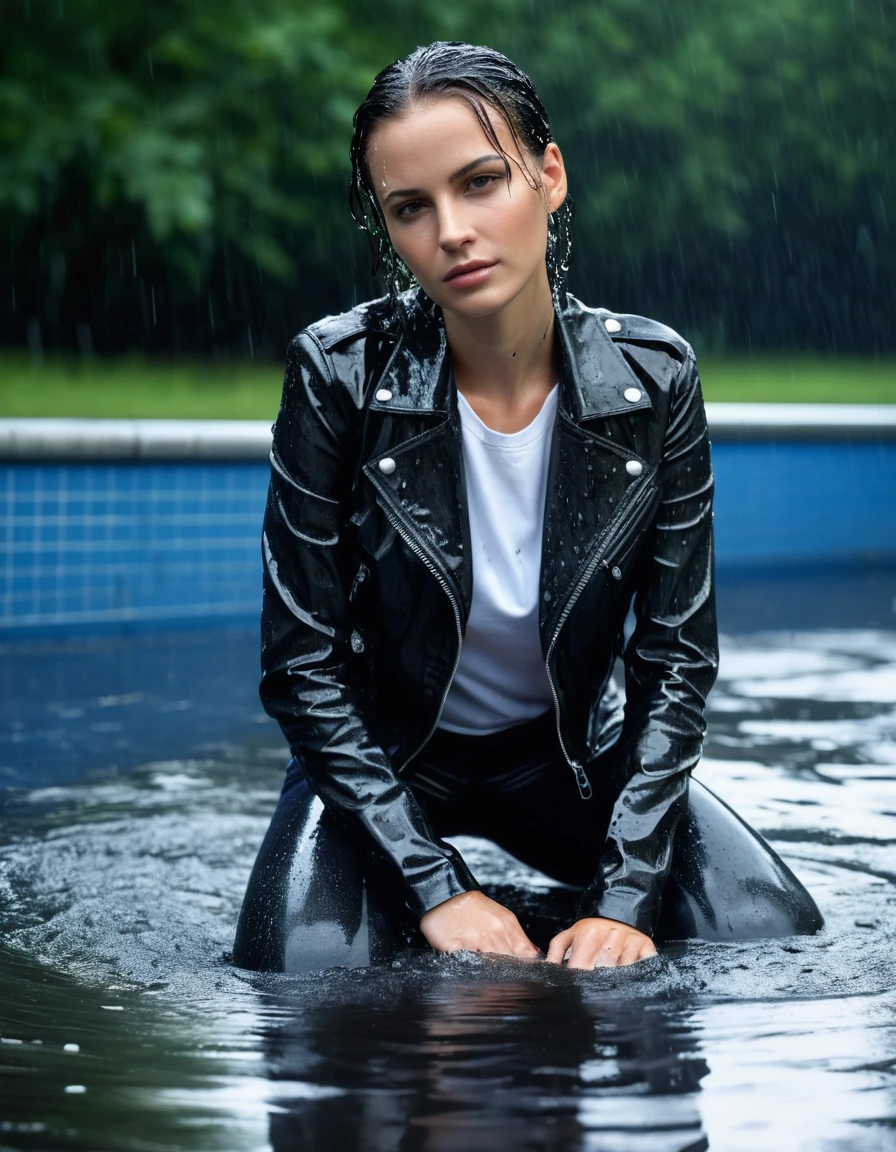 photo of young woman, in soaking wet, drenched clothes,
Black leather ankle boots, soaked and glistening , skin tight black leather jeans, saturated, water-drenched white latex shirt, black leather jacket, saturated, laying submerged in a swimming pool at night, heavy rain, drenched, close up, water up to shoulders, 
enjoying, wet clothes stuck to body,
detailed textures of the wet clothes, wet face, wet plastered hair,
wet, drenched, professional, high-quality details, full body view.
sharp focus, ultra-high pixel detail, realistic, high-quality, full colors, incredibly detailed, 4k, 8k, 16k, hyper-realistic, RAW photo, masterpiece, ultra-detailed, professionally color graded, professional photograph, streaming raindrops, fabric transparency, high-contrast water cling, cinematic lighting, photorealistic, 8k, water dripping from hem, storm aftermath atmosphere, wet skin, wet clothes, damp fabric