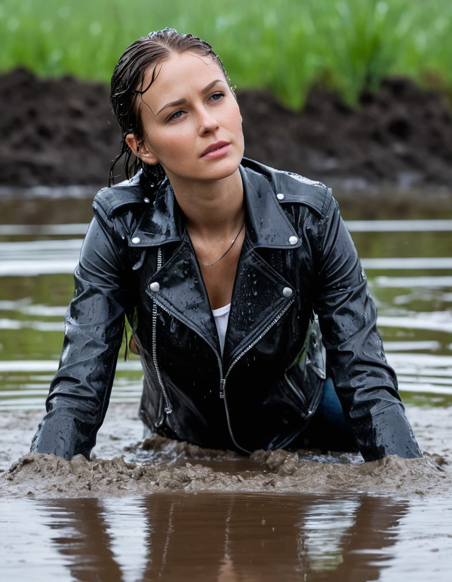 photo of young woman, in soaking wet, drenched clothes,
Black leather ankle boots, soaked and glistening , skin tight black leather jeans, saturated, water-drenched white latex shirt, black leather jacket, saturated, laying submerged in a mud pool in a field, covered in mud, heavy rain, drenched, close up, mud up to shoulders, 
enjoying, wet clothes stuck to body,
detailed textures of the wet clothes, wet face, wet plastered hair,
wet, drenched, professional, high-quality details, full body view.
sharp focus, ultra-high pixel detail, realistic, high-quality, full colors, incredibly detailed, 4k, 8k, 16k, hyper-realistic, RAW photo, masterpiece, ultra-detailed, professionally color graded, professional photograph, streaming raindrops, fabric transparency, high-contrast water cling, cinematic lighting, photorealistic, 8k, water dripping from hem, storm aftermath atmosphere, wet skin, wet clothes, damp fabric