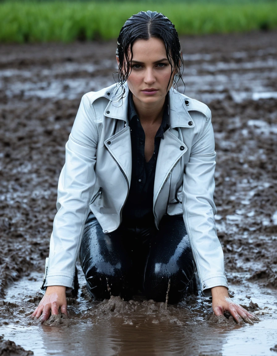 photo of young woman, in soaking wet, drenched clothes,
Black leather ankle boots, soaked and glistening , skin tight black leather jeans, saturated, water-drenched white latex shirt, black leather jacket, saturated, laying submerged in a mud pool in a field, covered in mud, heavy rain, drenched, close up, mud up to shoulders, 
enjoying, wet clothes stuck to body,
detailed textures of the wet clothes, wet face, wet plastered hair,
wet, drenched, professional, high-quality details, full body view.
sharp focus, ultra-high pixel detail, realistic, high-quality, full colors, incredibly detailed, 4k, 8k, 16k, hyper-realistic, RAW photo, masterpiece, ultra-detailed, professionally color graded, professional photograph, streaming raindrops, fabric transparency, high-contrast water cling, cinematic lighting, photorealistic, 8k, water dripping from hem, storm aftermath atmosphere, wet skin, wet clothes, damp fabric