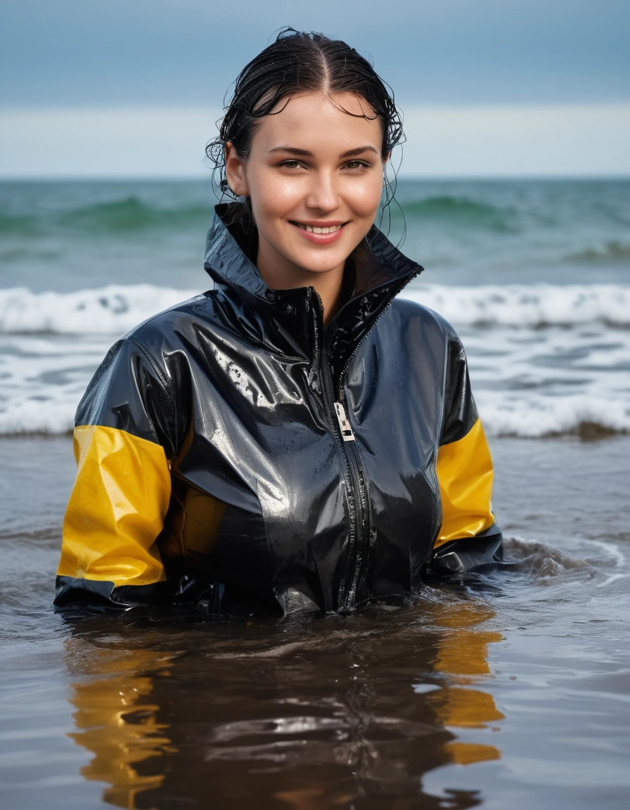 photo of young woman, in soaking wet, drenched clothes,
high heels, leather leggings, yellow transparent t-shirt, black wet shiny pvc puffer jacket, Swimming in sea smiling, 
enjoying, wet clothes stuck to body,
detailed textures of the wet clothes, wet face, wet plastered hair,
wet, drenched, professional, high-quality details, full body view.
sharp focus, ultra-high pixel detail, realistic, high-quality, full colors, incredibly detailed, 4k, 8k, 16k, hyper-realistic, RAW photo, masterpiece, ultra-detailed, professionally color graded, professional photograph, fat, ebony mature, very big boobs, wet skin, wet clothes, damp fabric