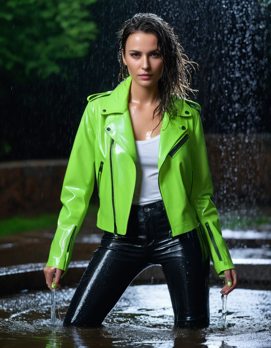 photo of young woman, in soaking wet, drenched clothes,
Black leather ankle boots, soaked and glistening , skin tight black leather jeans, saturated, water-drenched white latex shirt, neon green leather jacket, saturated, standing in an outdoor fountain at night, heavy rain, drenched, close up, 
enjoying, wet clothes stuck to body,
detailed textures of the wet clothes, wet face, wet plastered hair,
wet, drenched, professional, high-quality details, full body view.
sharp focus, ultra-high pixel detail, realistic, high-quality, full colors, incredibly detailed, 4k, 8k, 16k, hyper-realistic, RAW photo, masterpiece, ultra-detailed, professionally color graded, professional photograph, streaming raindrops, fabric transparency, high-contrast water cling, cinematic lighting, photorealistic, 8k, water dripping from hem, storm aftermath atmosphere, wet skin, wet clothes, damp fabric