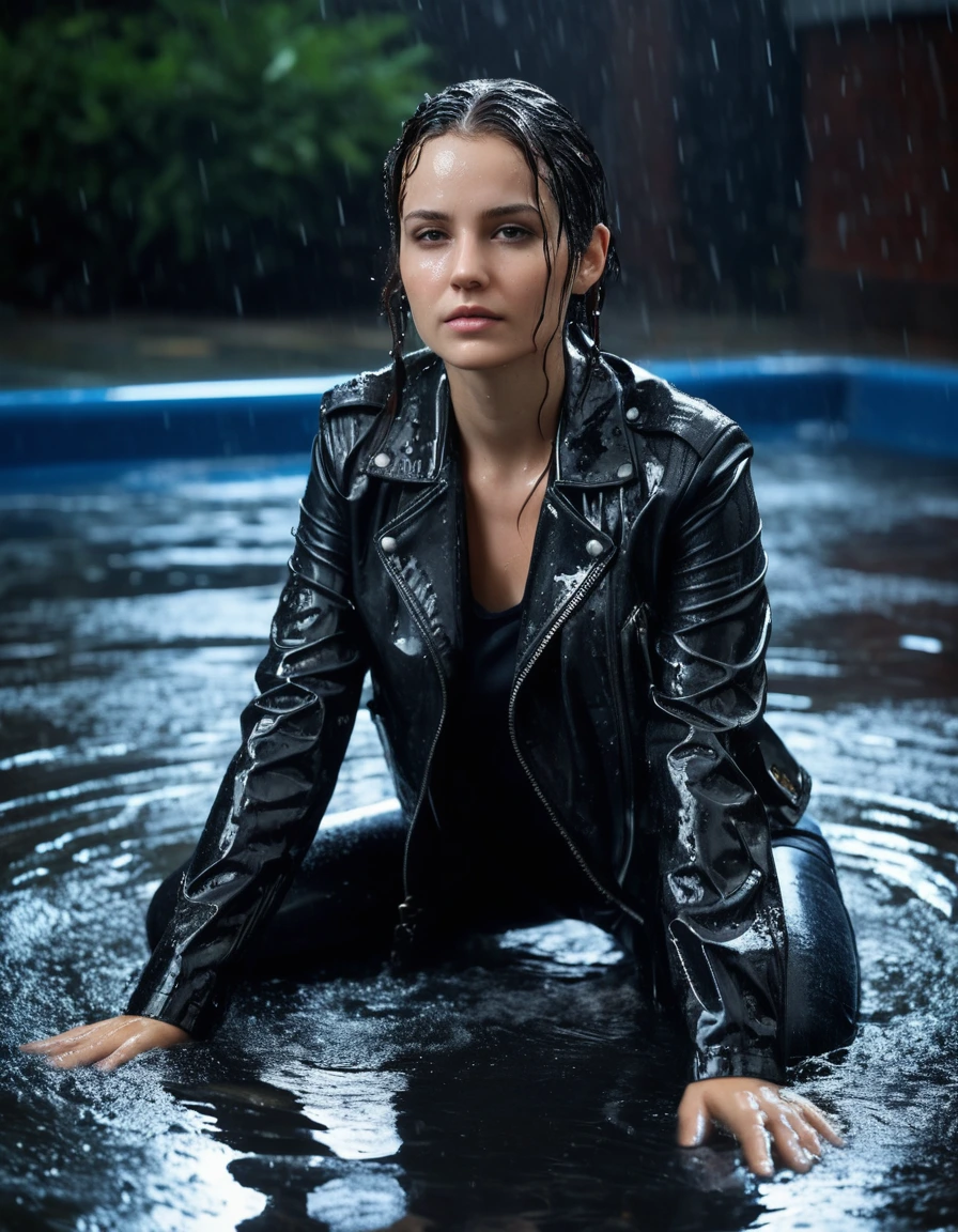 photo of young woman, in soaking wet, drenched clothes,
Black leather ankle boots, soaked and glistening , skin tight black leather jeans, saturated, water-drenched white latex shirt, black leather jacket, saturated, laying submerged in a swimming pool at night, heavy rain, drenched, close up, water up to shoulders, 
enjoying, wet clothes stuck to body,
detailed textures of the wet clothes, wet face, wet plastered hair,
wet, drenched, professional, high-quality details, full body view.
sharp focus, ultra-high pixel detail, realistic, high-quality, full colors, incredibly detailed, 4k, 8k, 16k, hyper-realistic, RAW photo, masterpiece, ultra-detailed, professionally color graded, professional photograph, streaming raindrops, fabric transparency, high-contrast water cling, cinematic lighting, photorealistic, 8k, water dripping from hem, storm aftermath atmosphere, wet skin, wet clothes, damp fabric